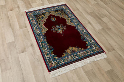 Red Silk-Look Turkish Prayer Rug: Islamic Floral Lantern Design