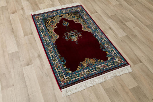 Red Silk-Look Turkish Prayer Rug: Islamic Floral Lantern Design