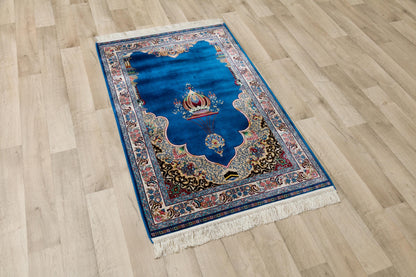 Navy Silk-Look Prayer Rug: Islamic Mihrab Design with Fringe