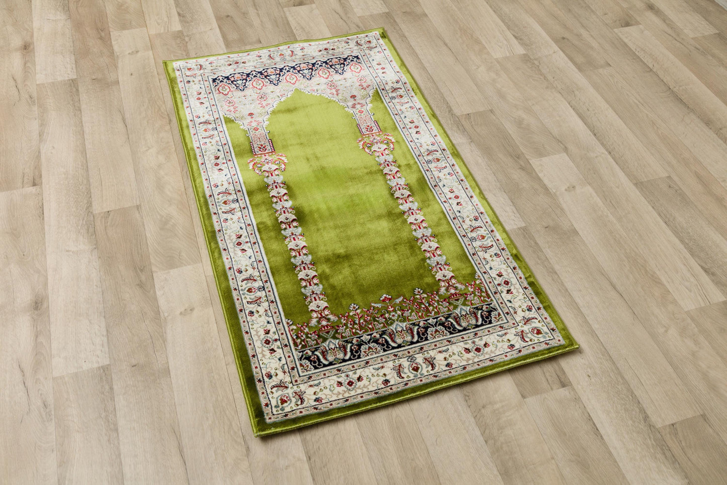 Green Turkish Prayer Rug, Soft Islamic Seccade, Floral Arch Design