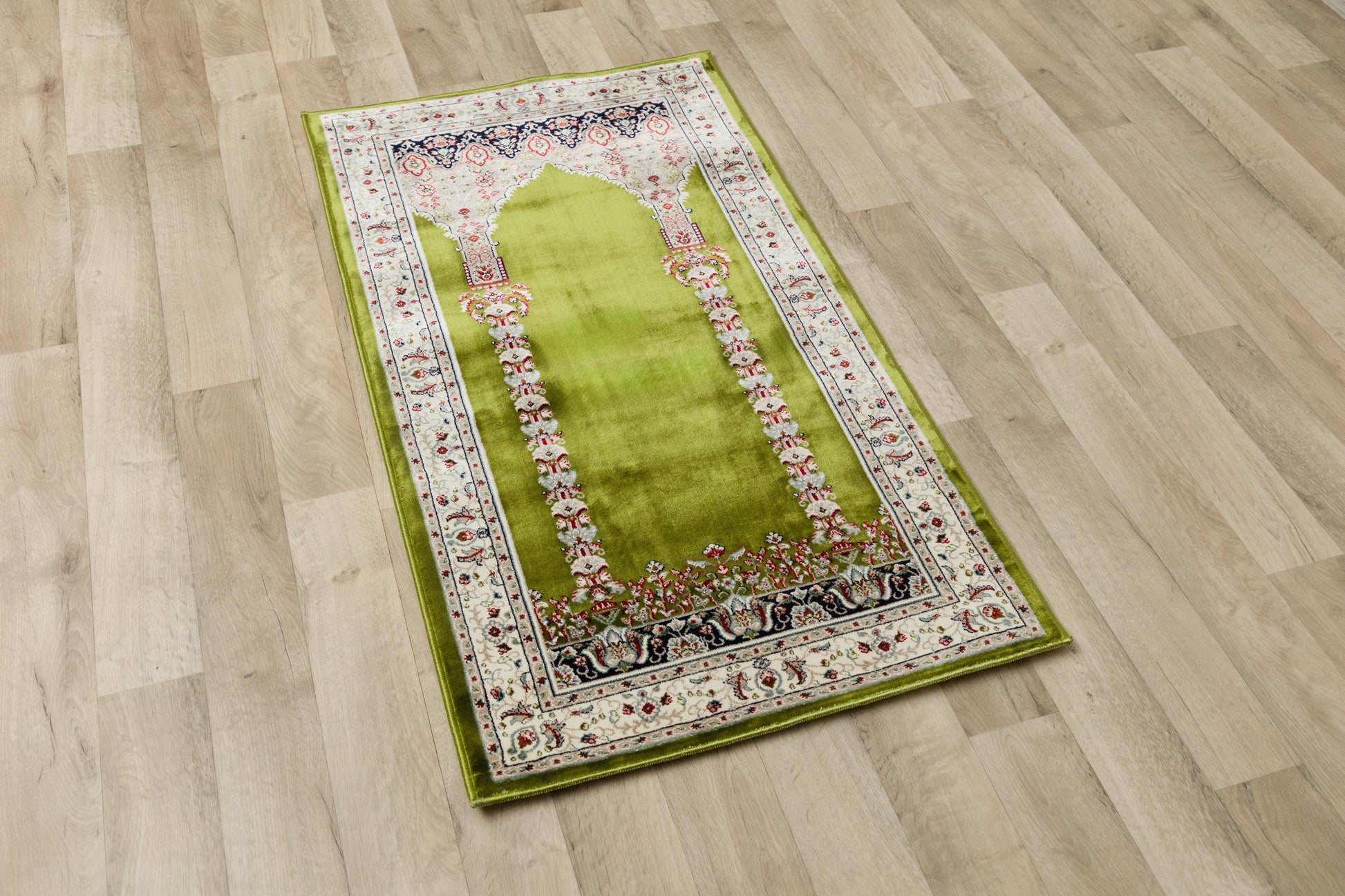 Green Turkish Prayer Rug, Soft Islamic Seccade, Floral Arch Design
