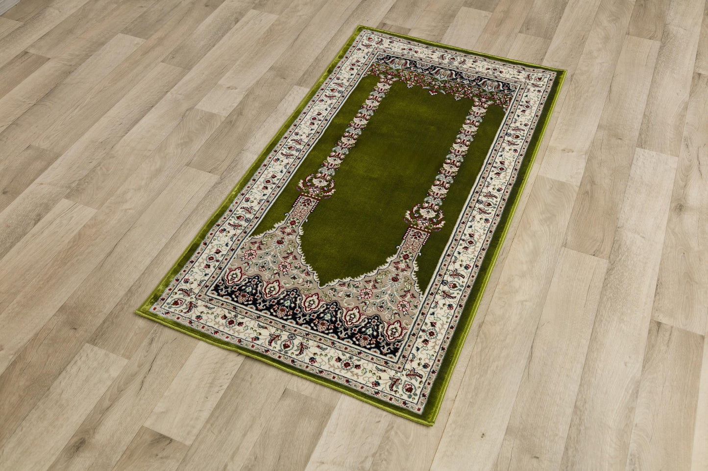 Green Turkish Prayer Rug, Soft Islamic Seccade, Floral Arch Design