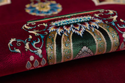 Red Silk-Look Turkish Prayer Rug: Islamic Floral Lantern Design