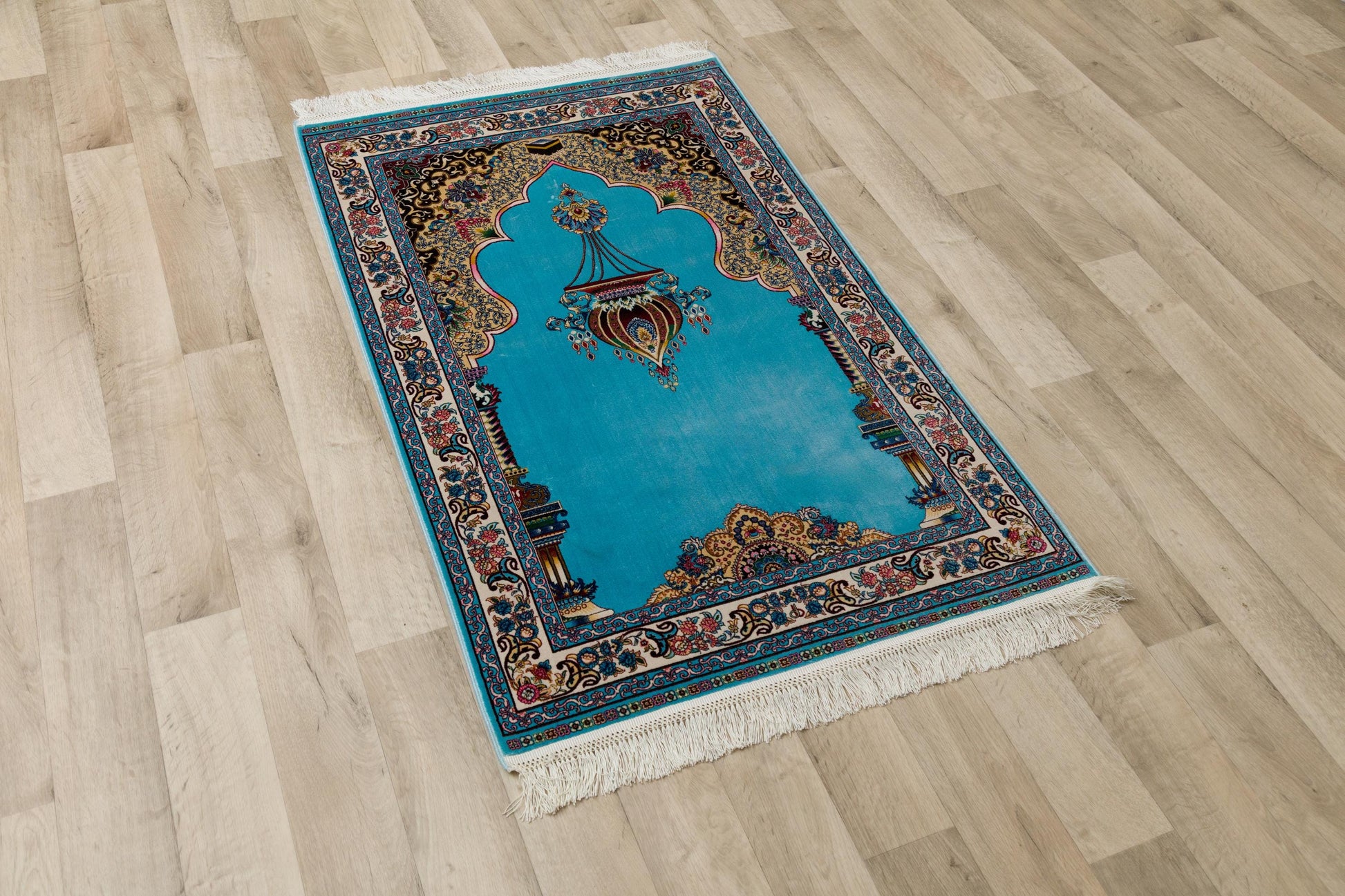 Light Blue Turkish Prayer Rug: Silk-Look Islamic Seccade with Floral Lantern