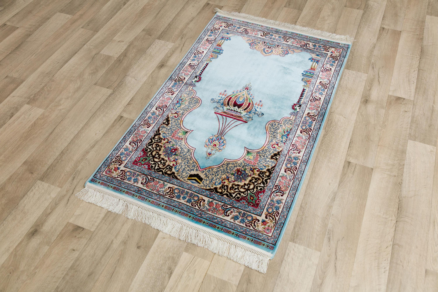Light Blue Turkish Prayer Rug: Silk-Look Islamic Seccade with Floral Lantern