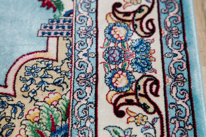 Light Blue Turkish Prayer Rug: Silk-Look Islamic Seccade with Floral Lantern
