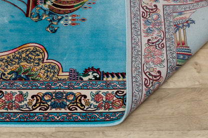 Light Blue Turkish Prayer Rug: Silk-Look Islamic Seccade with Floral Lantern