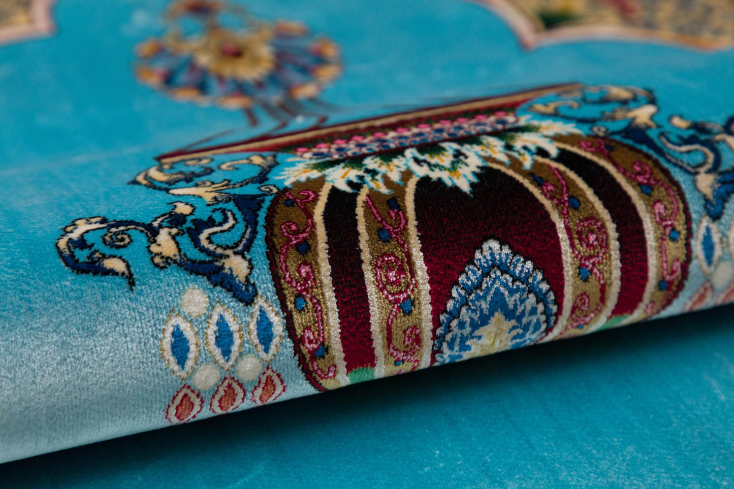 Light Blue Turkish Prayer Rug: Silk-Look Islamic Seccade with Floral Lantern