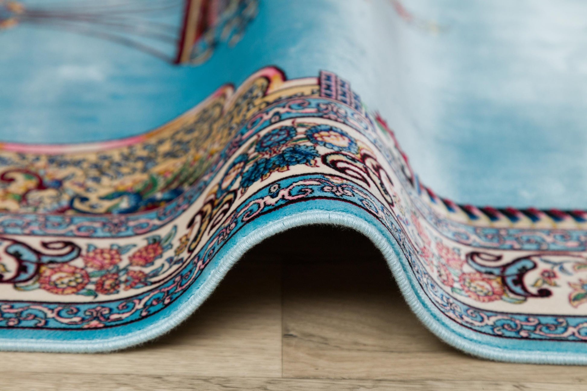 Light Blue Turkish Prayer Rug: Silk-Look Islamic Seccade with Floral Lantern