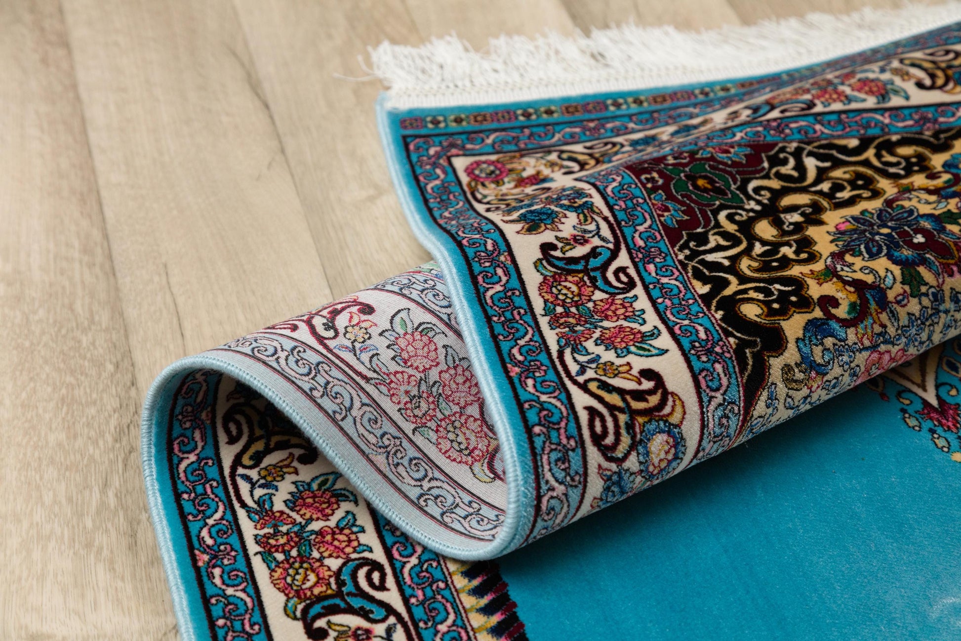 Light Blue Turkish Prayer Rug: Silk-Look Islamic Seccade with Floral Lantern