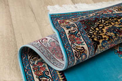Light Blue Turkish Prayer Rug: Silk-Look Islamic Seccade with Floral Lantern