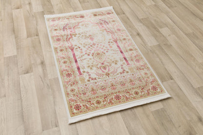 Floral Turkish Prayer Rug: Ivory Pink Seccade with Arch Design
