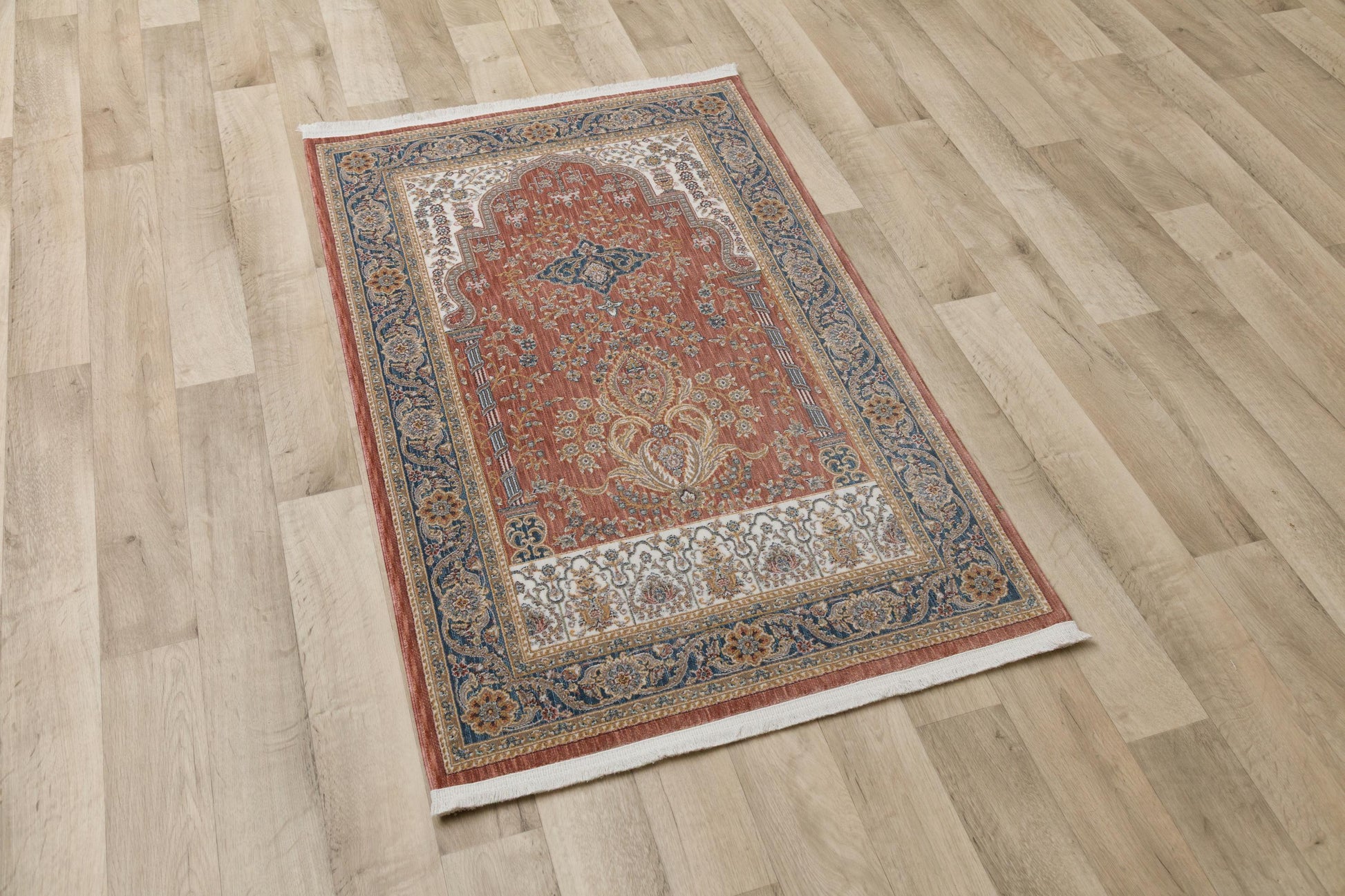 Rust Red Turkish Prayer Rug: Floral Mihrab Design