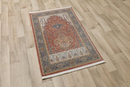 Rust Red Turkish Prayer Rug: Floral Mihrab Design