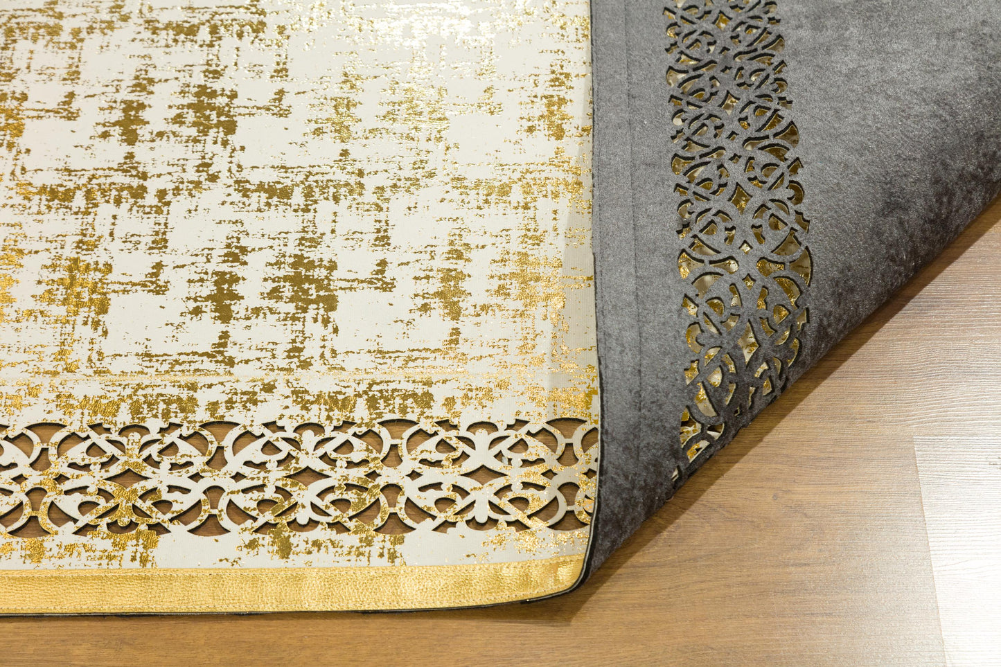 Metallic Rose Gold Geometric Rug: 5x7ft Laser Cut Faux Leather Carpet