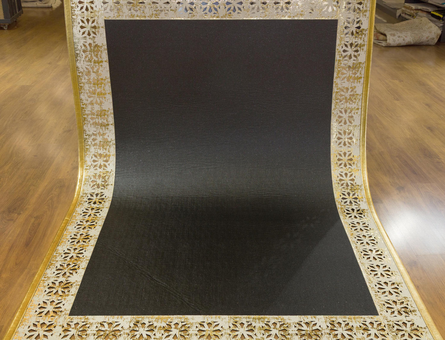 5x7ft Black Faux Leather Rug with Gold Laser-Cut Border - Modern Turkish Designer Area Carpet