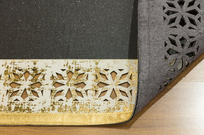5x7ft Black Faux Leather Rug with Gold Laser-Cut Border - Modern Turkish Designer Area Carpet