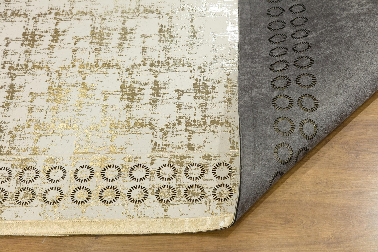 5x7ft Modern White Faux Leather Rug with Gold Laser Cut Border - Vegan Turkish Carpet
