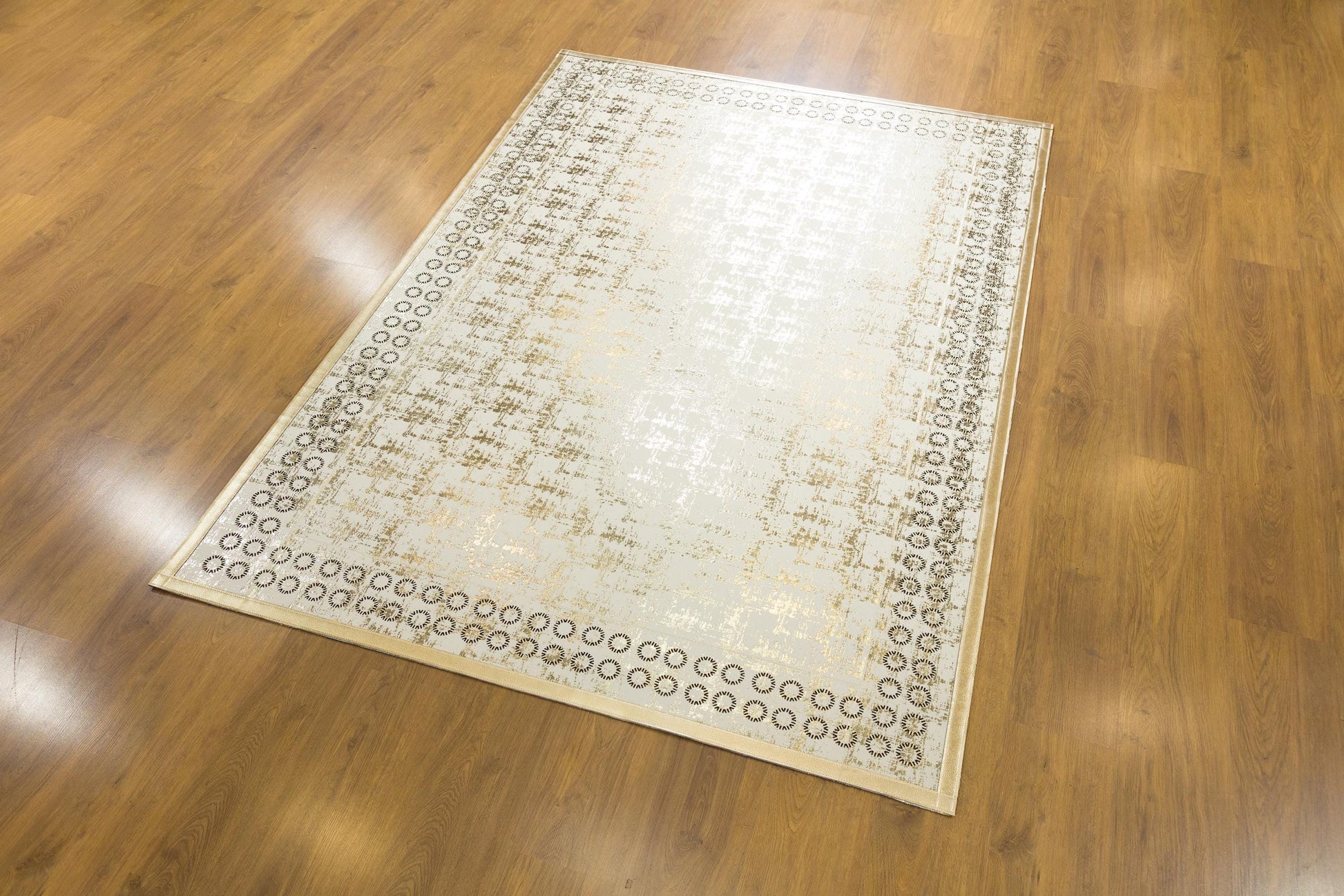 5x7ft Modern White Faux Leather Rug with Gold Laser Cut Border - Vegan Turkish Carpet