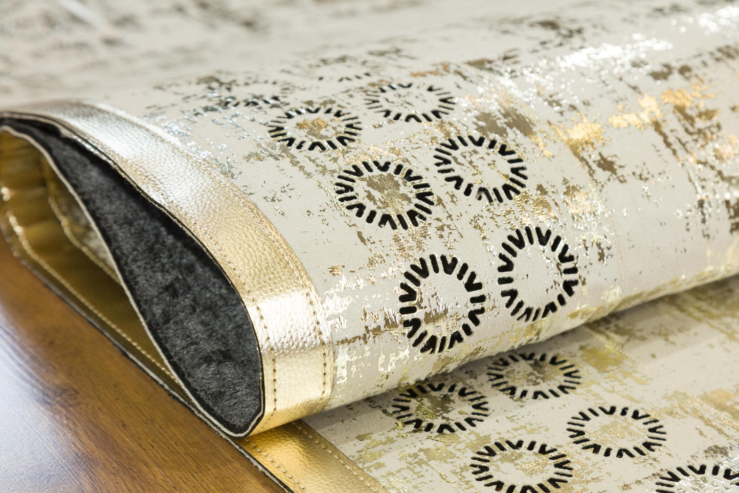 5x7ft Modern White Faux Leather Rug with Gold Laser Cut Border - Vegan Turkish Carpet
