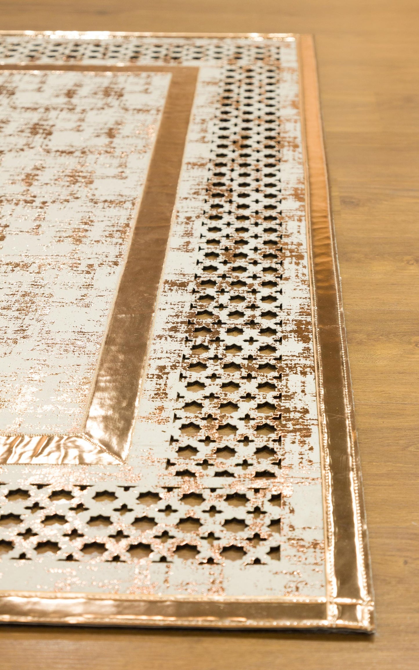 Metallic Rose Gold Geometric Rug: 5x7ft Laser Cut Faux Leather Carpet