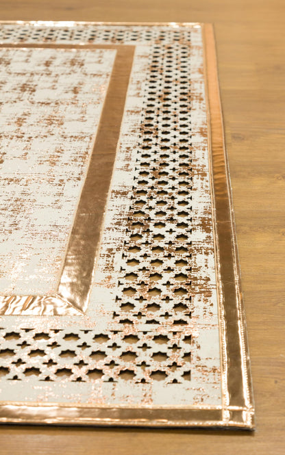 Metallic Rose Gold Geometric Rug: 5x7ft Laser Cut Faux Leather Carpet
