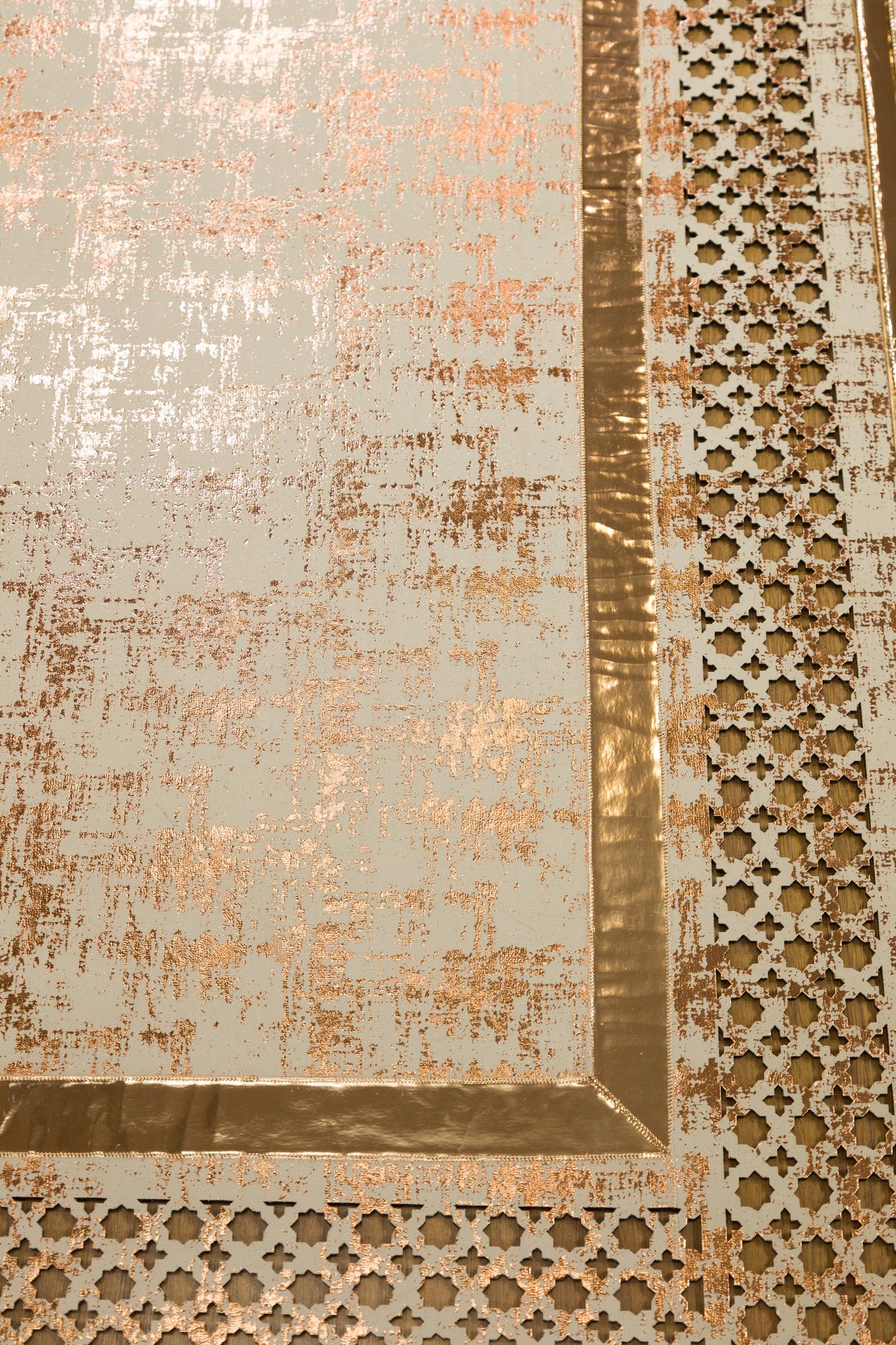 Metallic Rose Gold Geometric Rug: 5x7ft Laser Cut Faux Leather Carpet