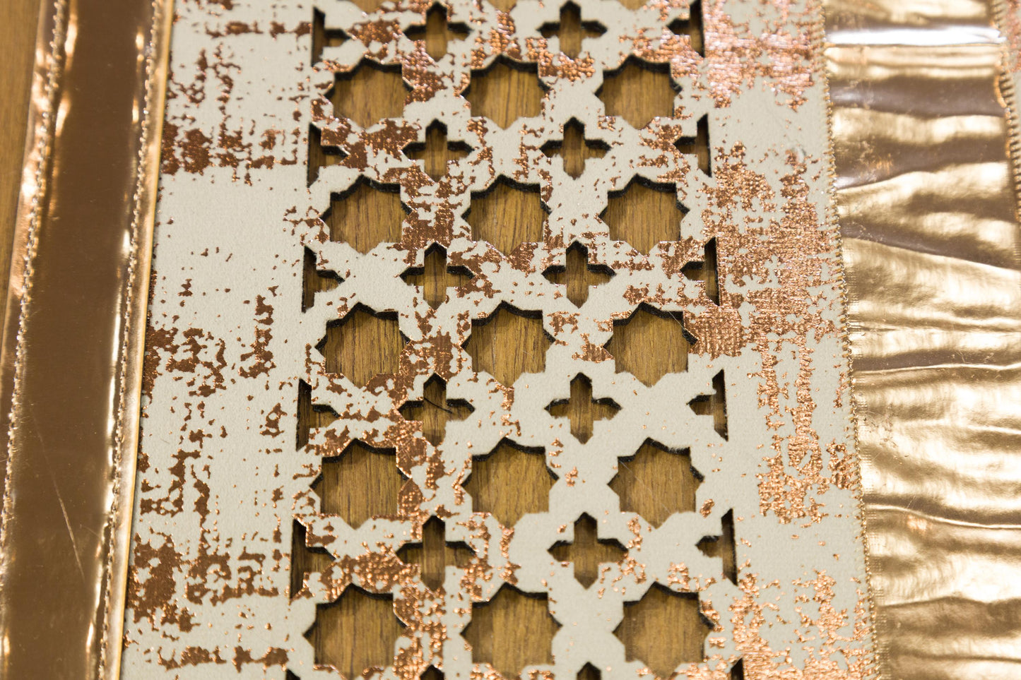 Metallic Rose Gold Geometric Rug: 5x7ft Laser Cut Faux Leather Carpet