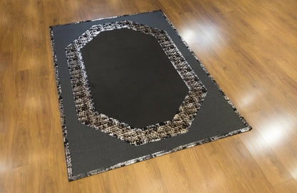 Octagon Faux Leather Rug: 5x7ft Black Modern Laser-Cut Carpet
