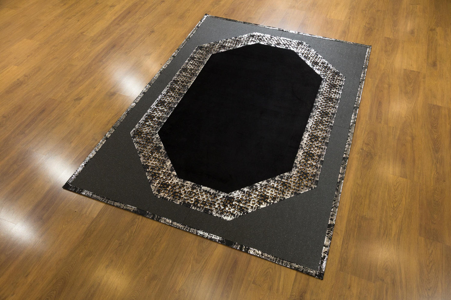 Octagon Faux Leather Rug: 5x7ft Black Modern Laser-Cut Carpet