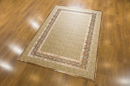 Beige Faux Leather Rug: 5x7ft Laser Cut Geometric Turkish Carpet