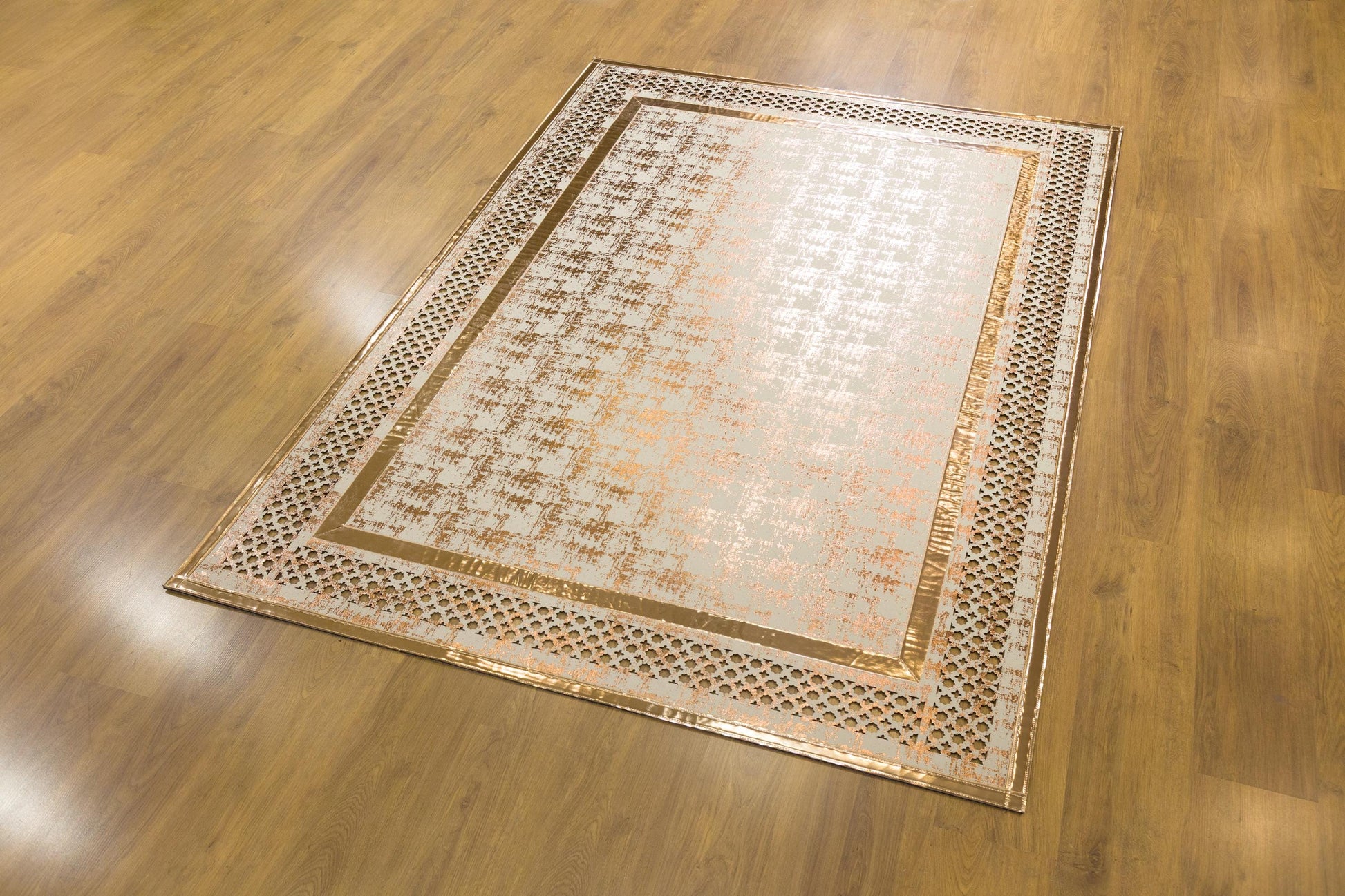 Metallic Rose Gold Geometric Rug: 5x7ft Laser Cut Faux Leather Carpet