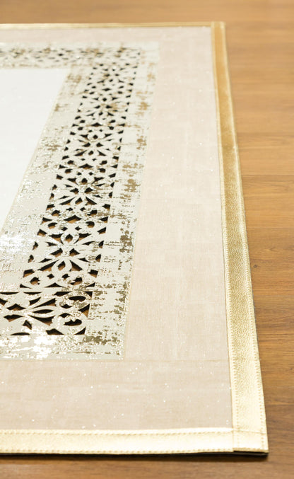 Modern Beige Faux Leather Rug: Laser Cut Border, 5x7 ft, Vegan