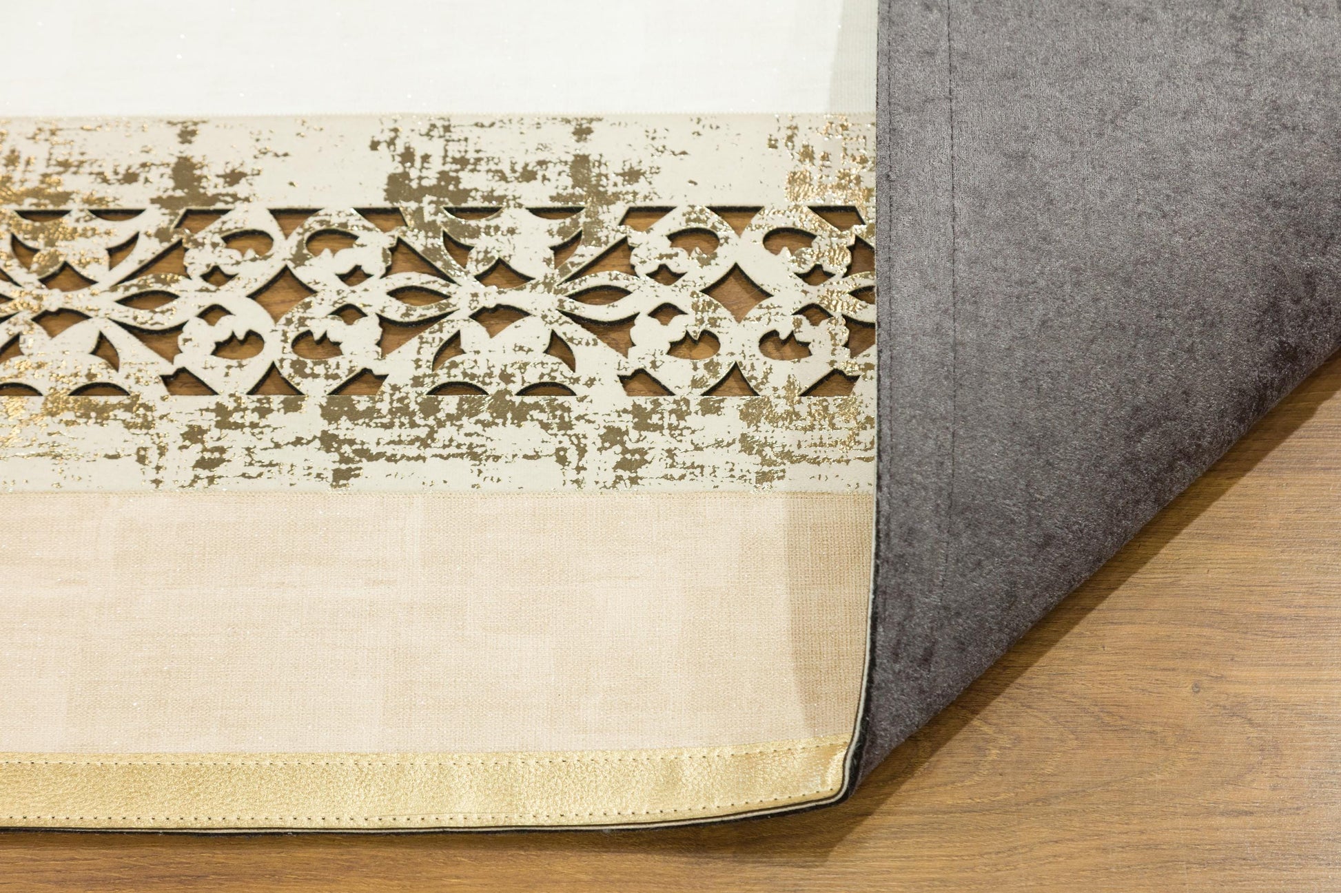 Modern Beige Faux Leather Rug: Laser Cut Border, 5x7 ft, Vegan