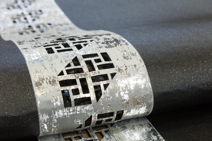 Black Faux Leather Rug: Laser Cut Silver Border, Modern Turkish Design (5x7 ft.)