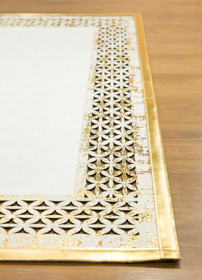 White Faux Leather Rug: Gold Laser-Cut Border, Modern Vegan Carpet