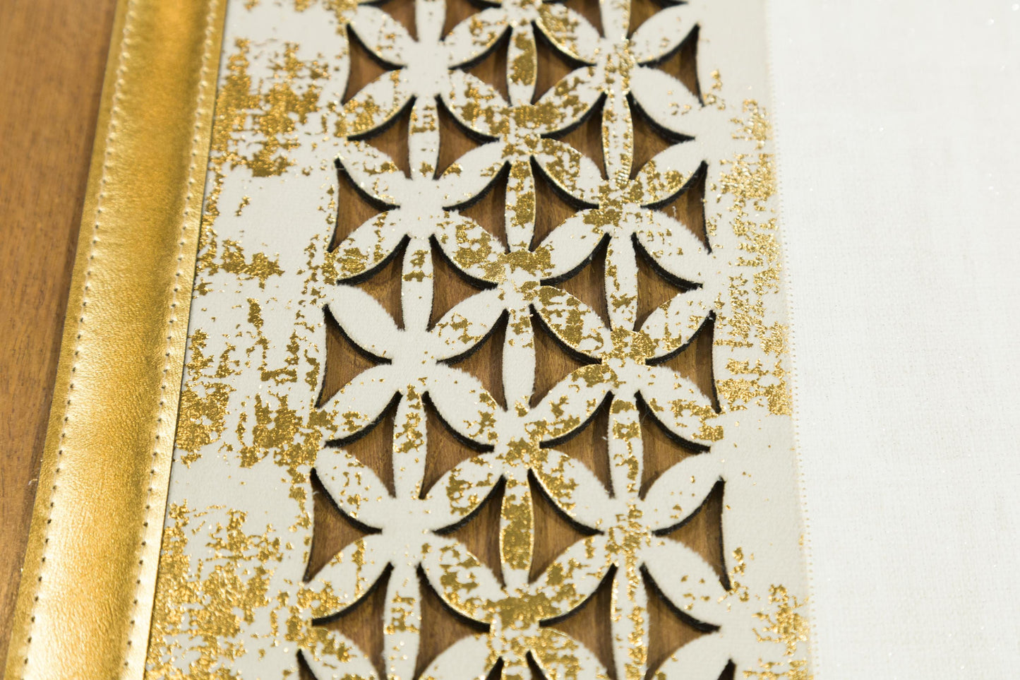White Faux Leather Rug: Gold Laser-Cut Border, Modern Vegan Carpet
