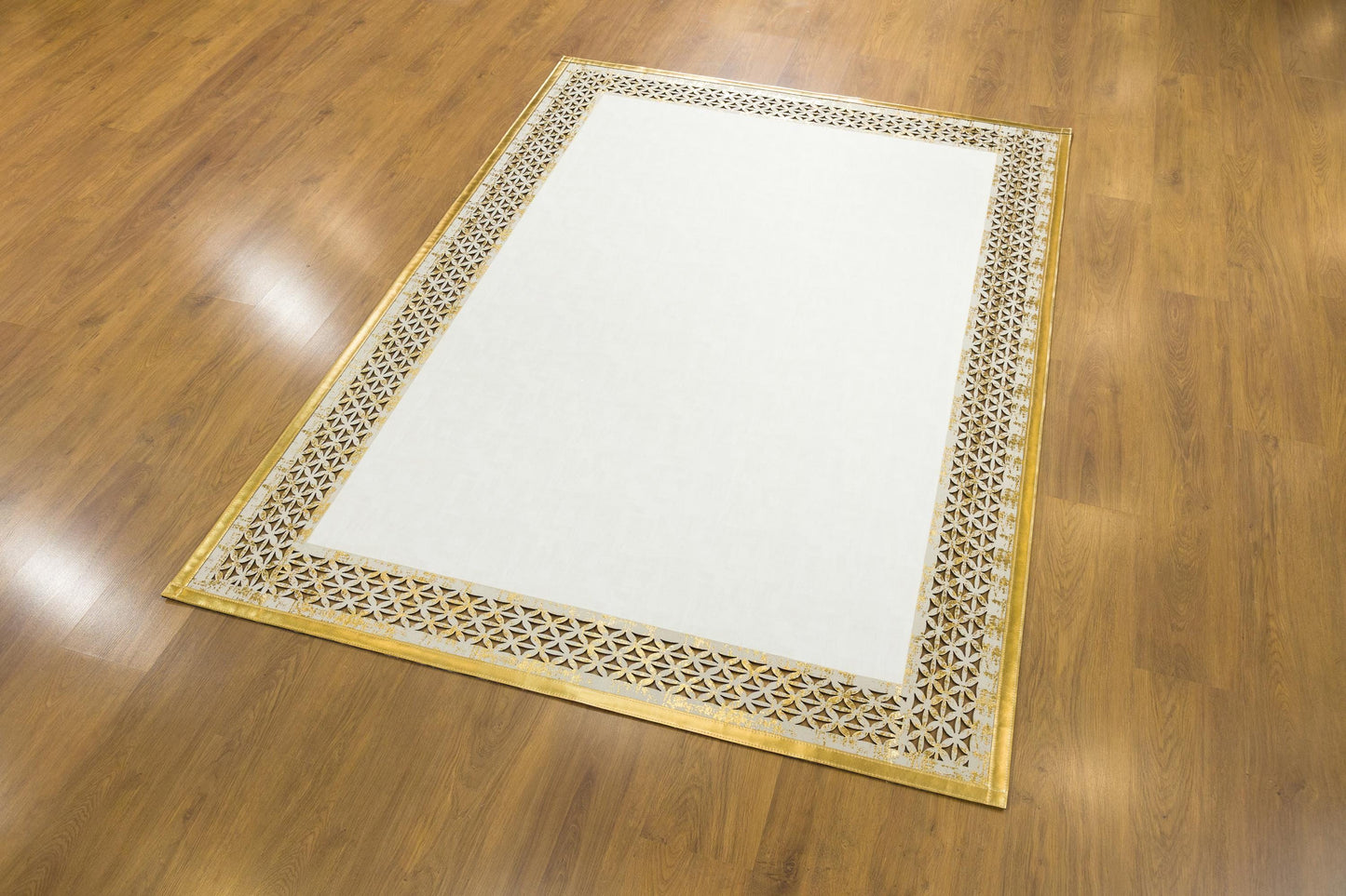 White Faux Leather Rug: Gold Laser-Cut Border, Modern Vegan Carpet