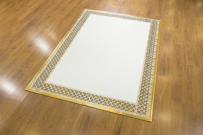 White Faux Leather Rug: Gold Laser-Cut Border, Modern Vegan Carpet