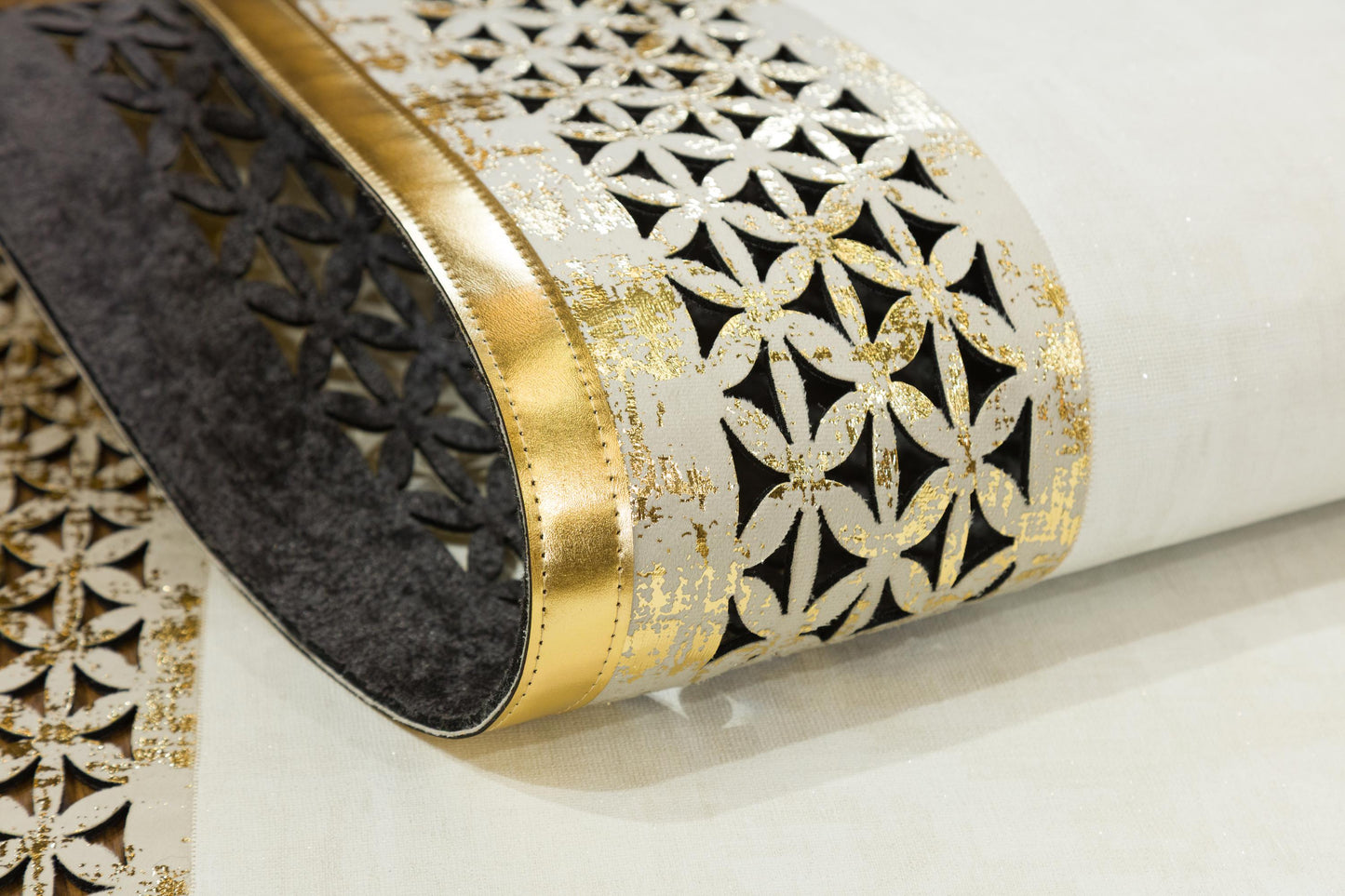 White Faux Leather Rug: Gold Laser-Cut Border, Modern Vegan Carpet