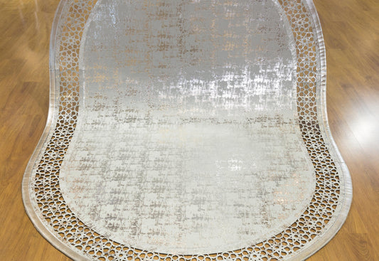 Laser Cut Faux Leather Rug: Beige Geometric Turkish Carpet, 5x7 ft