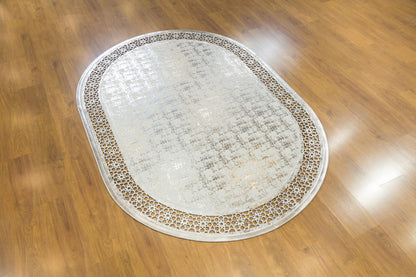 Laser Cut Faux Leather Rug: Beige Geometric Turkish Carpet, 5x7 ft