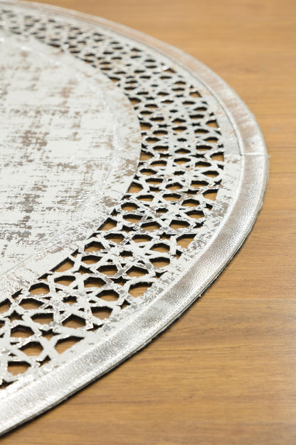 Laser Cut Faux Leather Rug: Beige Geometric Turkish Carpet, 5x7 ft