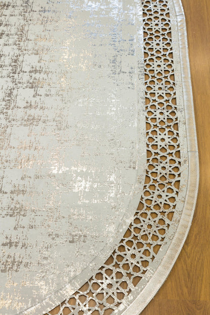 Laser Cut Faux Leather Rug: Beige Geometric Turkish Carpet, 5x7 ft