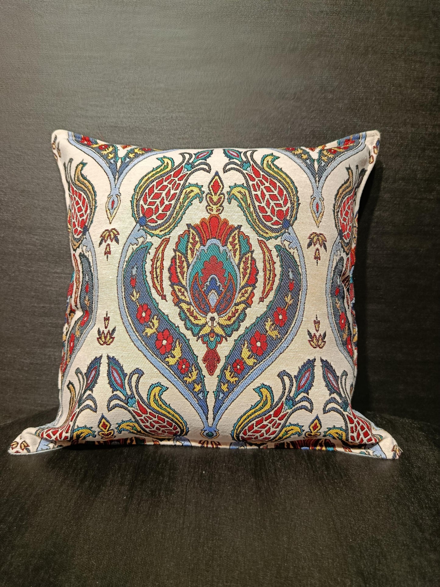 Ottoman Tulip Palmette Cushion Cover: Gobelin Jacquard Pillow, Turkish Decor