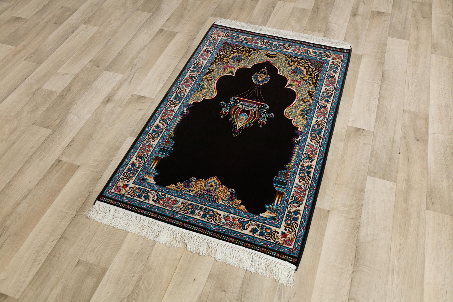 Dark Silk-Look Prayer Rug: Islamic Mihrab Design with Fringe