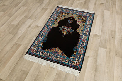 Dark Silk-Look Prayer Rug: Islamic Mihrab Design with Fringe
