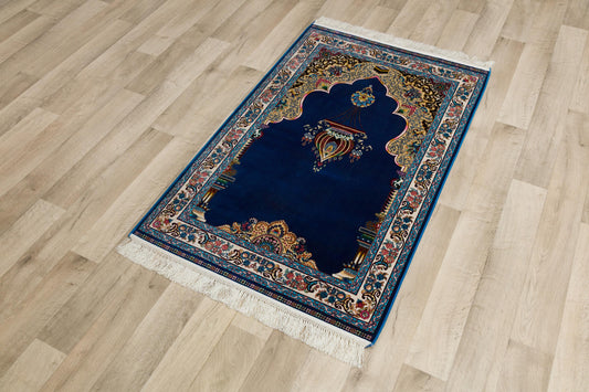 Navy Silk-Look Prayer Rug: Islamic Mihrab Design with Fringe