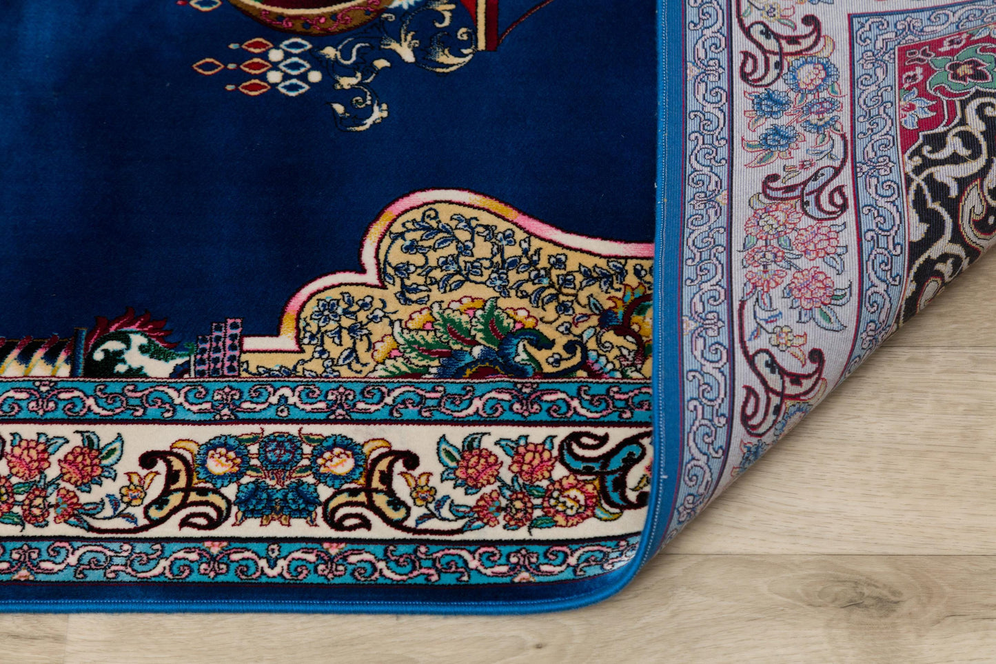 Navy Silk-Look Prayer Rug: Islamic Mihrab Design with Fringe