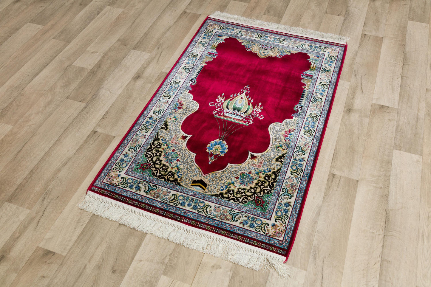 Red Silk-Look Turkish Prayer Rug: Islamic Floral Lantern Design